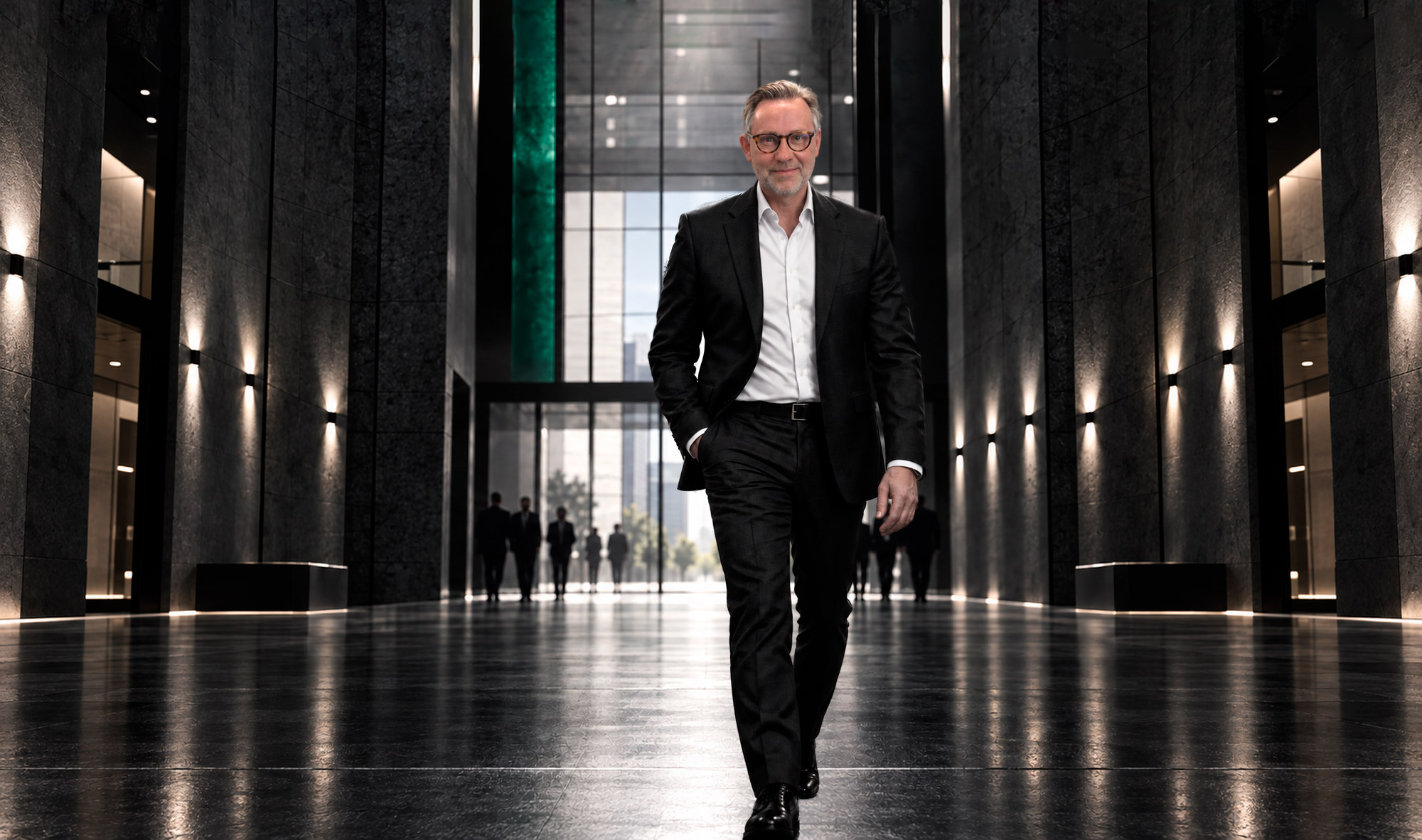 Jesper Elling walking through a modern business lobby